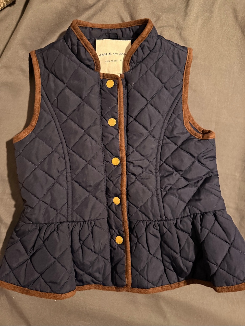 Janie and Jack Navy Quilted Peplum Vest with Brown Trim